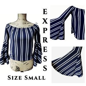 EXPRESS Size XS Navy Blue White Stripe Off Shoulder Bell Sleeves Blouse Shirt